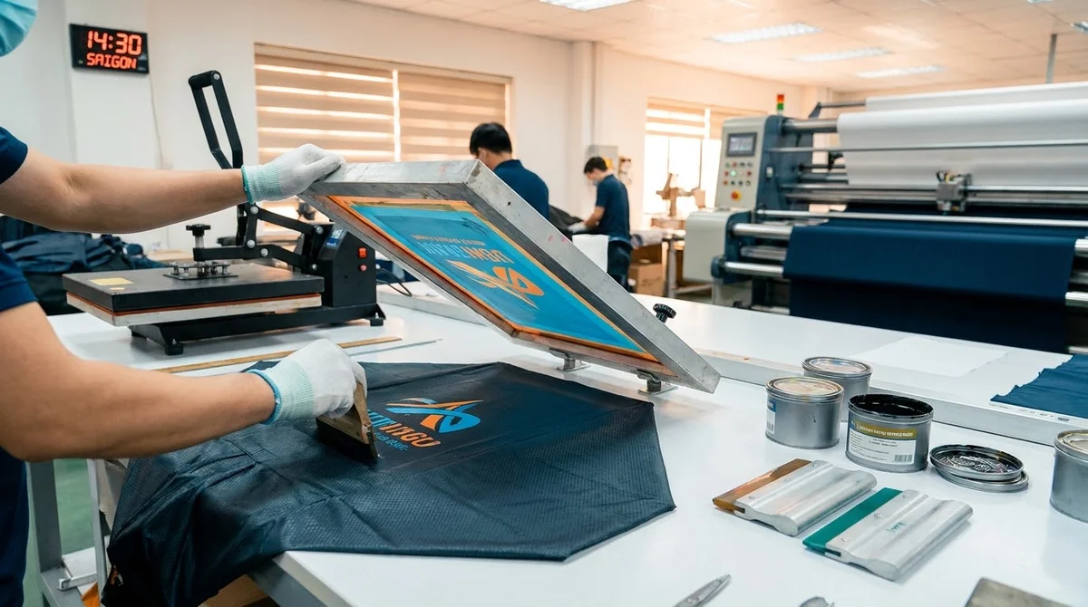 Thợ xưởng MINH PHÁT đang in lụa logo trực tiếp trên múi ô dù tại Bình Tân